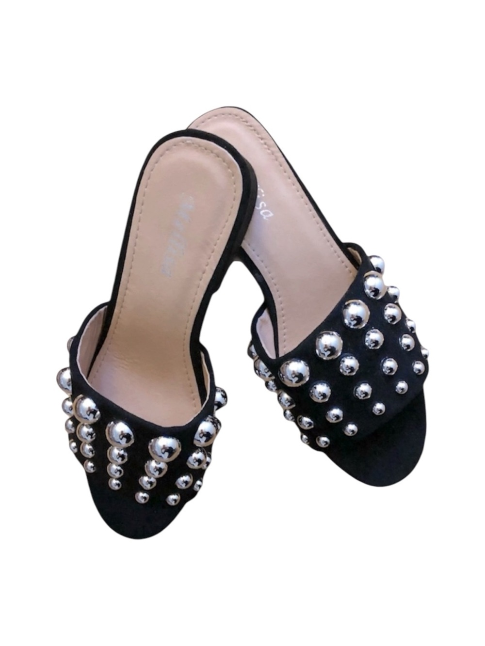Italian Silver Studded Black Slip on Sandals Size 6